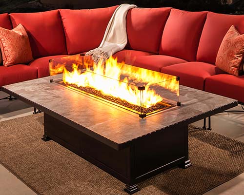 Red Conversational Seating with firepit.