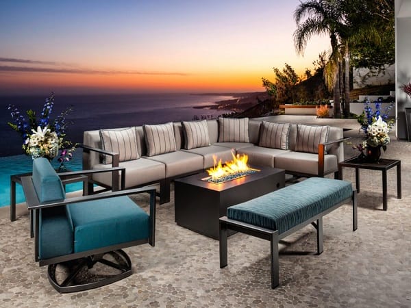 Fire pit and set of backyard patio furniture from California Backyard