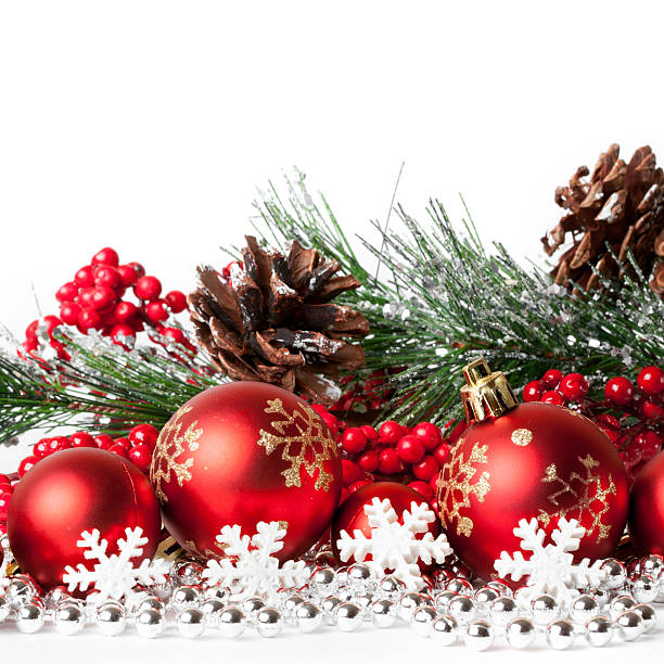 Red Christmas Tree And Balls On White. Studio Shot